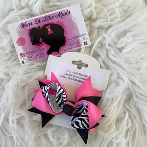 Boutique Handmade Clip Hair Bow Black White & Pink Zebra Stripes